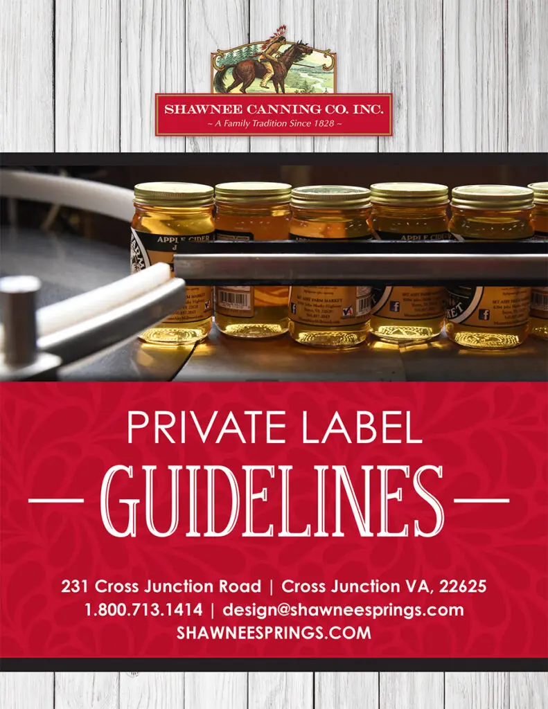 Jars of apple sauce on a conveyor belt, labeled with Shawnee Canning Co. Inc., alongside contact information and "Private Label Guidelines" text.