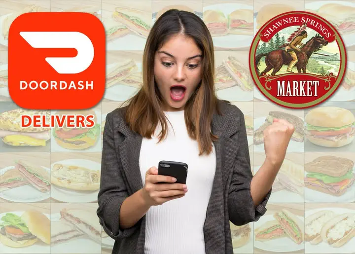 A person looks surprised at their phone. DoorDash and Shawnee Springs Market logos are displayed against a sandwich-themed background.