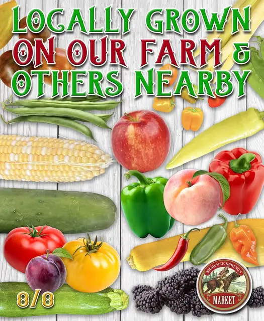Colorful assortment of fresh vegetables and fruits on wooden background. Text reads "Locally Grown On Our Farm & Others Nearby" with Shawnee Springs Market logo.