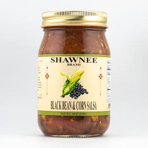 A jar of Shawnee Brand Black Bean & Corn Salsa, 16 oz. The label features corn and black beans imagery on a neutral background.