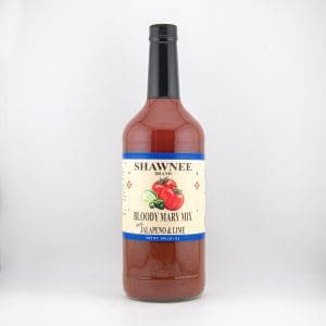 A bottle of Shawnee Brand Bloody Mary Mix, featuring jalapeno and lime flavors, against a plain white background.