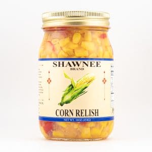 A jar of Shawnee Brand Corn Relish with vibrant corn and vegetables, featuring a blue and white label and gold lid.
