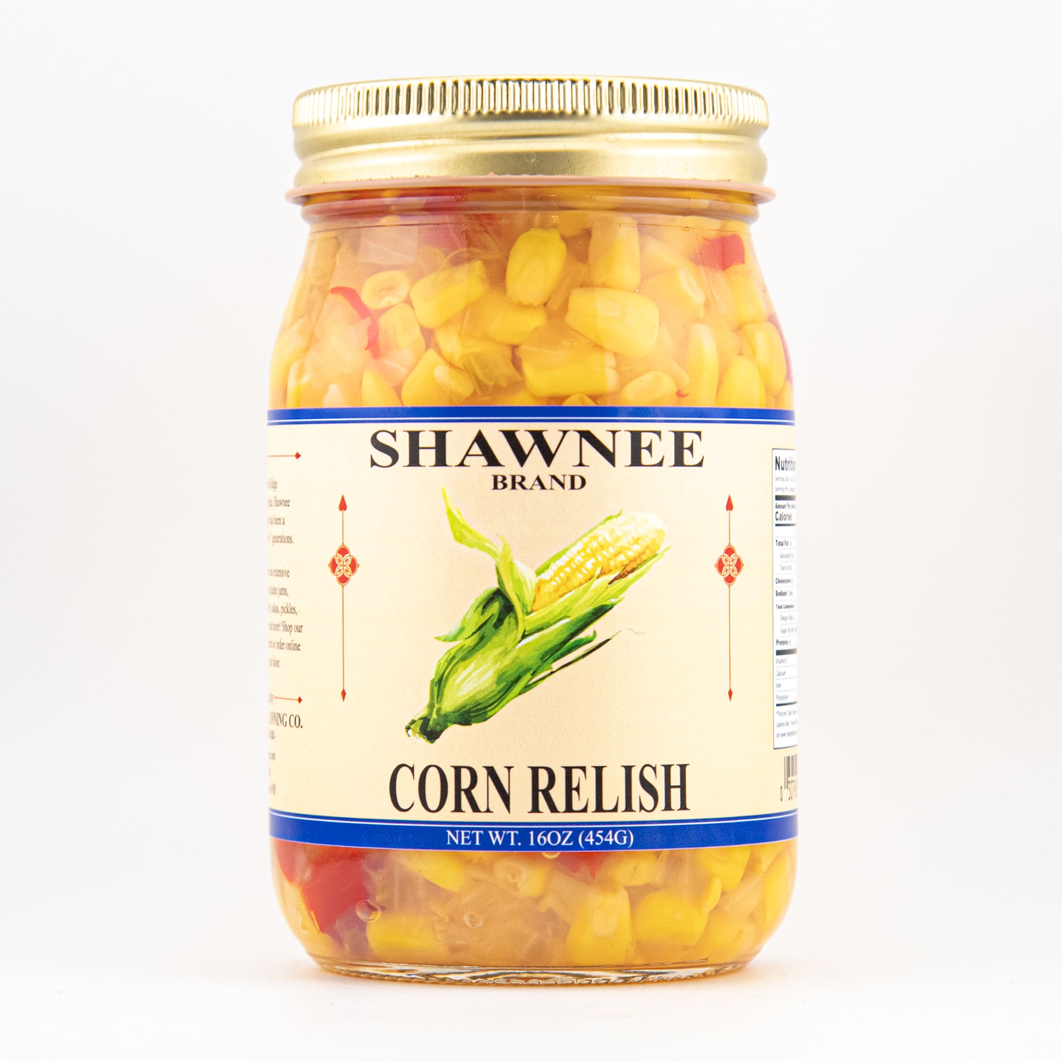 A jar of Shawnee Brand Corn Relish with vibrant corn and vegetables, featuring a blue and white label and gold lid.