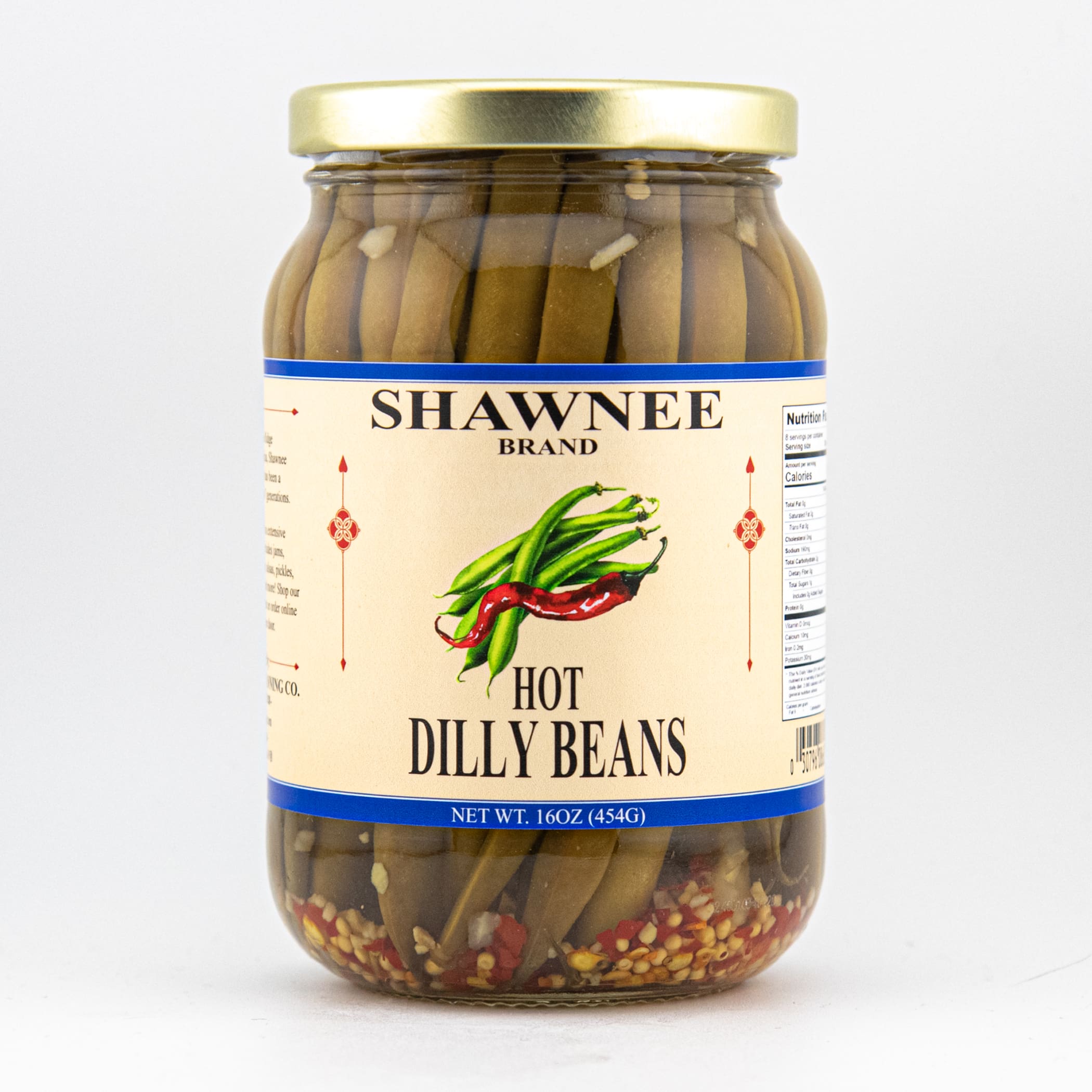 A jar of Shawnee Brand Hot Dilly Beans with a label featuring chili peppers and nutritional information on a white background.