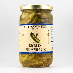A jar of Shawnee Brand Kickles pickles with spices, labeled "Pickles with a Kick!", contains 16 oz (454g) of spiced pickles.