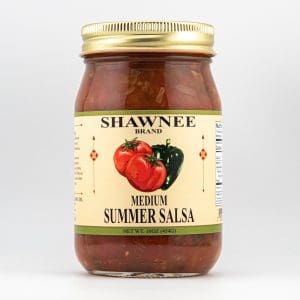 A jar of Shawnee Brand Medium Summer Salsa, featuring tomatoes and peppers on the label. Contains 16oz (454g).