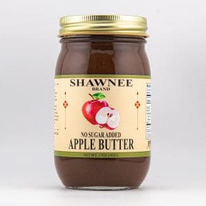 A jar of Shawnee brand no sugar added apple butter with a golden lid and illustrated apple on the label, 17oz (482g).