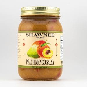 A jar of Shawnee Brand Peach Mango Salsa with a golden lid. Label features peaches and mangoes. Net weight: 16 oz (454g).