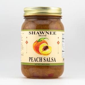 A jar of Shawnee Brand Peach Salsa, featuring a peach illustration on the label, with a net weight of 16 oz (454g).