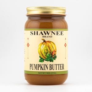 A jar labeled "Shawnee Brand Pumpkin Butter" with an illustration of a pumpkin and leaves, against a plain white background.