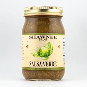 A jar of Shawnee Brand Salsa Verde with a gold lid, featuring a label design with green tomatillo imagery and product information.