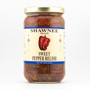 A jar of Shawnee brand sweet pepper relish, featuring red peppers on the label. The jar contains 16 ounces (454 grams).