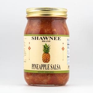 A jar of Shawnee Brand Pineapple Salsa, 16 oz (454g), with a golden lid. Label features a pineapple illustration on a plain background.