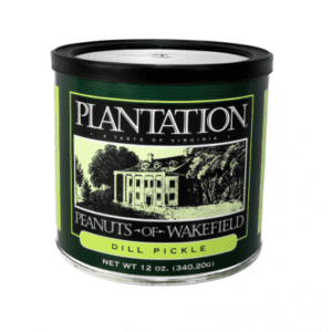Green can of Plantation Dill Pickle Peanuts, featuring an illustration of a historic building. Text reads "A Taste of Virginia."