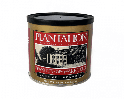 A can of Plantation Gourmet Peanuts featuring an illustration of a historical building labeled "Wakefield" on the packaging. Contains 12 oz.
