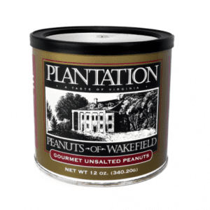 A 12 oz. can of Plantation Gourmet Unsalted Peanuts, featuring a plantation building illustration, labeled "Peanuts of Wakefield" with a vintage design.