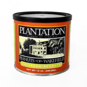 A 12 oz can of Plantation Jalapeno Peanuts featuring an illustration of a historical building on the label.
