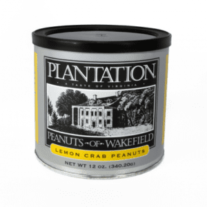 A can labeled "Plantation Peanuts of Wakefield" featuring a drawing of a plantation house. Contains lemon crab peanuts, weighs 12 oz.