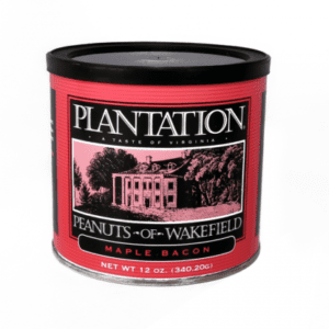 A red tin labeled "Plantation" contains maple bacon flavored peanuts from Wakefield, Virginia, featuring an illustration of a historical building.