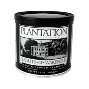 A black-and-white can of Plantation Peanuts of Wakefield featuring salt and pepper peanuts with an illustration of an old house on the label.