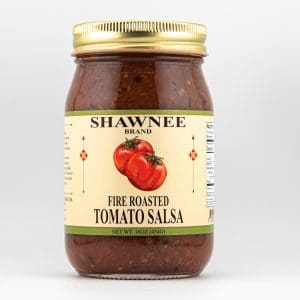 A jar of Shawnee Brand fire roasted tomato salsa, featuring tomatoes on the label. The jar is sealed with a gold lid.