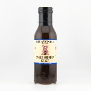 A bottle of Shawnee Brand Sweet Bourbon Glaze with a cartoon bear on the label, set against a plain white background.