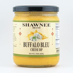 Jar of Shawnee Brand Buffalo Bleu Cheese Dip with detailed label, black lid, and nutritional information visible, containing 15oz (424g).