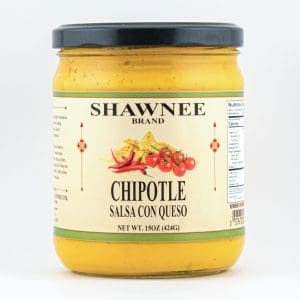 Jar of Shawnee Brand Chipotle Salsa Con Queso, showcasing vibrant peppers and tomatoes on label. Net weight 15oz (424g).