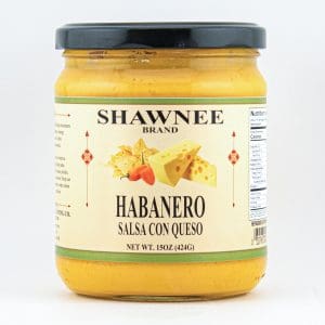 A jar of Shawnee Brand Habanero Salsa con Queso, 15 oz, with a yellow label featuring cheese and chili pepper illustrations.