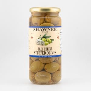A jar of Shawnee Brand Bleu Cheese Stuffed Olives, featuring olives and cheese illustration on the label, with a gold-colored lid.