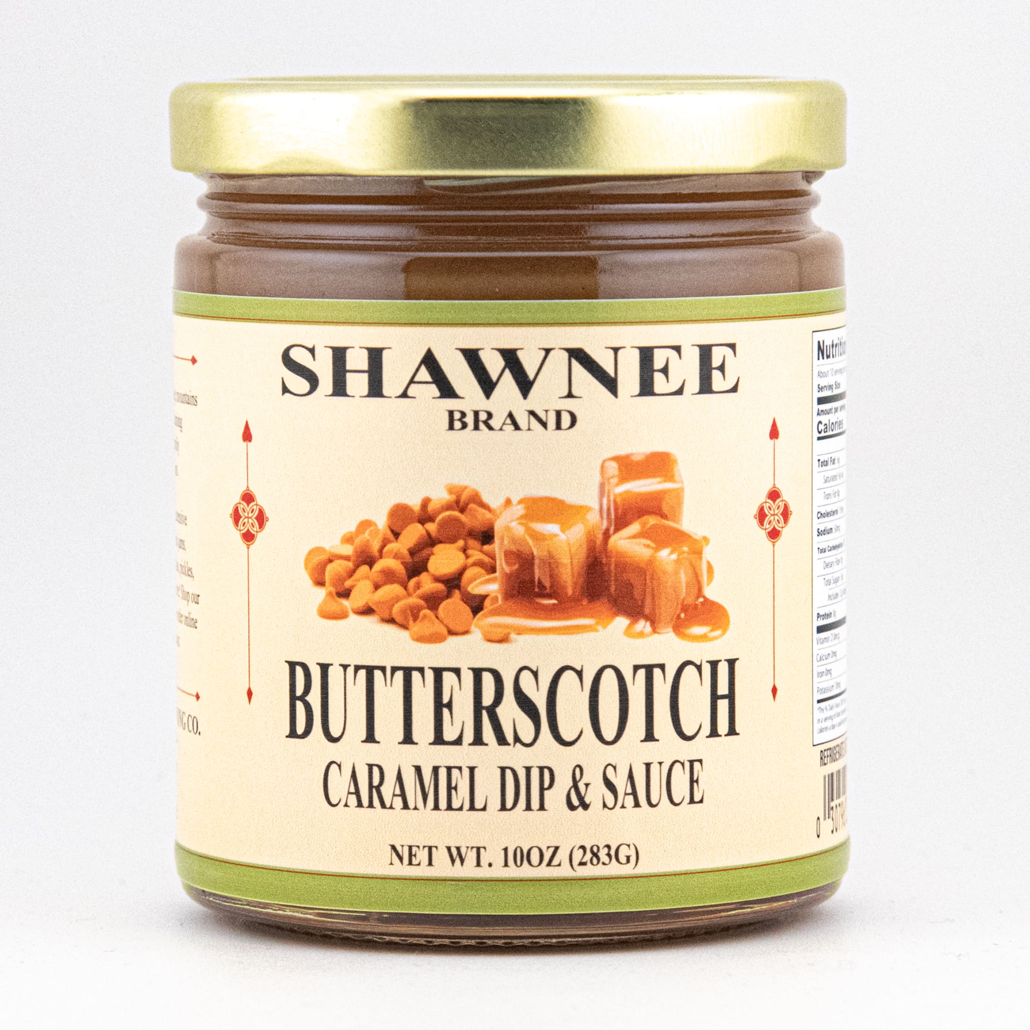A jar of Shawnee Brand Butterscotch Caramel Dip & Sauce with creamy texture, featuring caramel pieces and sauce illustration on the label. 10oz, 283g.
