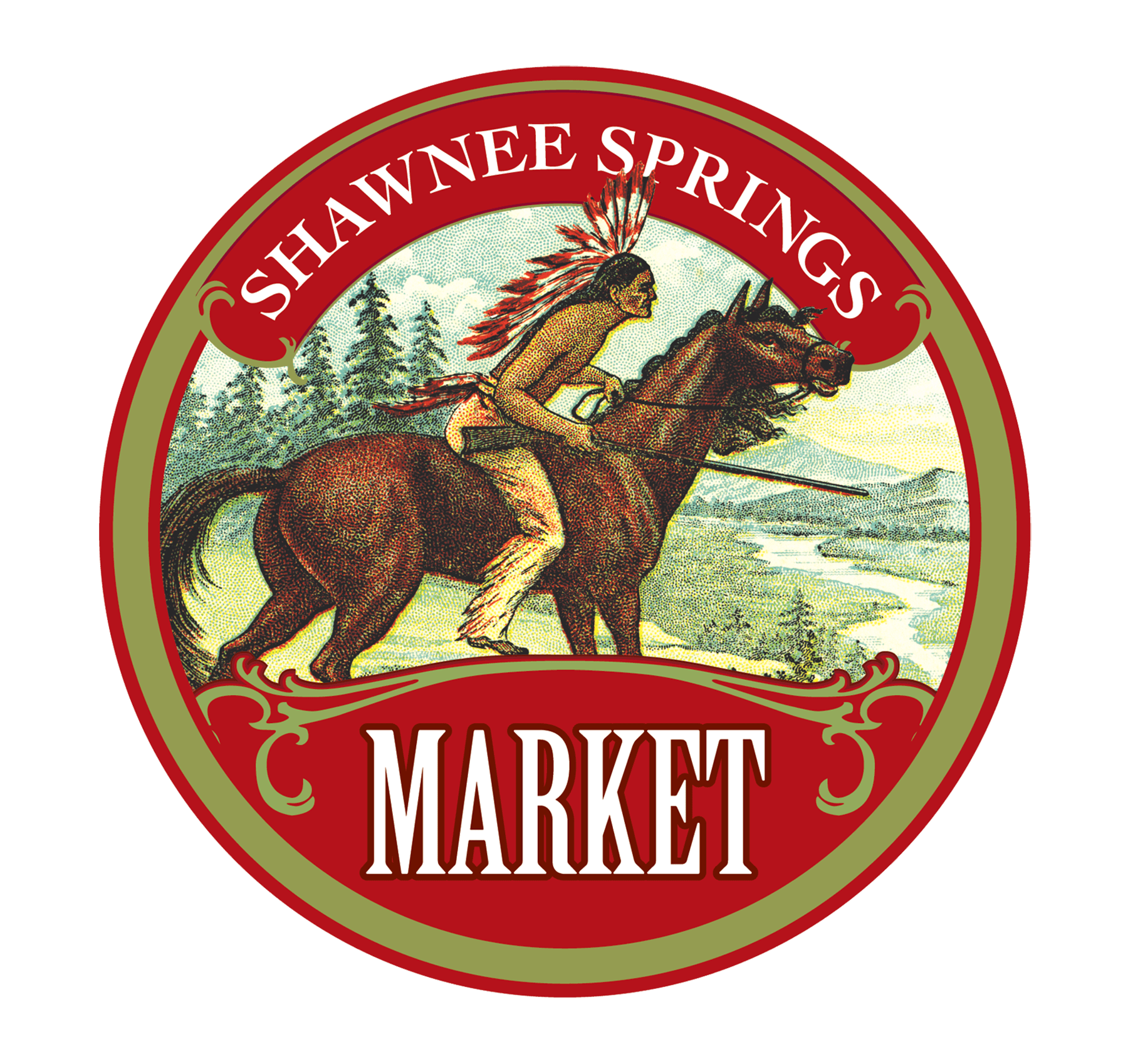 A circular logo features a person in traditional attire riding a horse beside a river and trees, with text reading "Shawnee Springs Market."